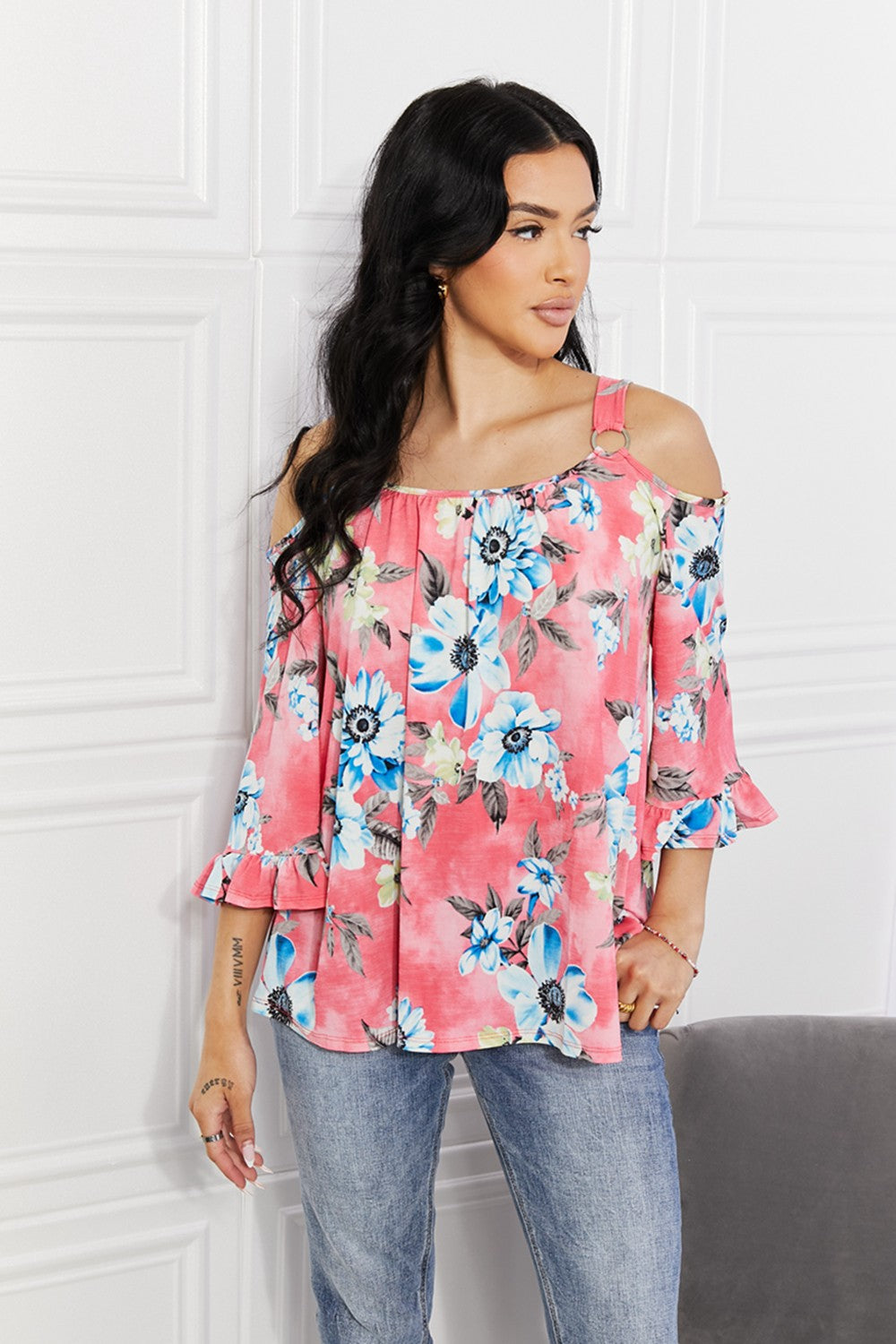 Sew In Love Full Size Fresh Take Floral Cold-Shoulder Top in Hot Pink, view 6