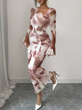 Printed Asymmetrical Neck Long Sleeve Maxi Dress - Lilixa.store