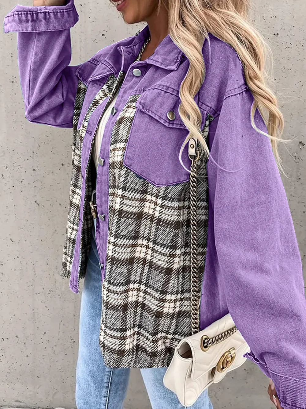 Plaid Button Up Dropped Shoulder Jacket, view 19