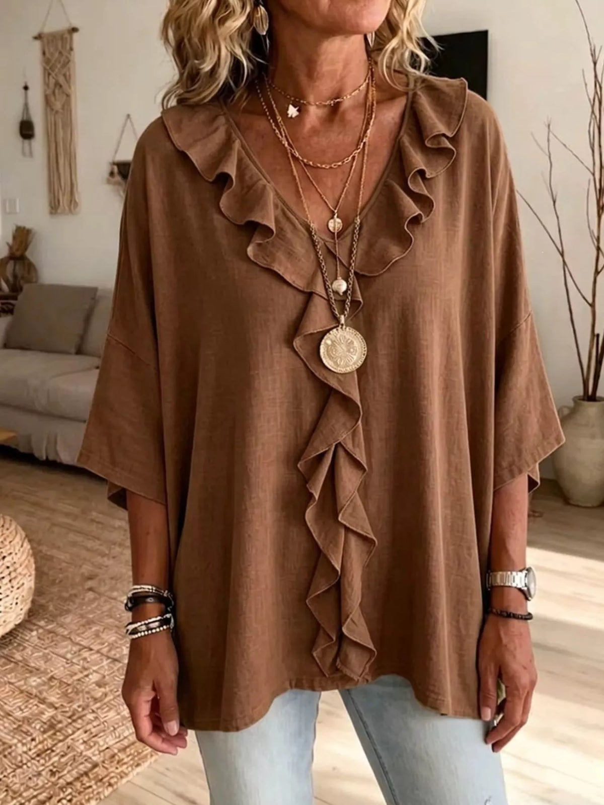 Full Size Ruffle V-Neck 3/4 Sleeve Blouse Plus Size - Lilixa.store