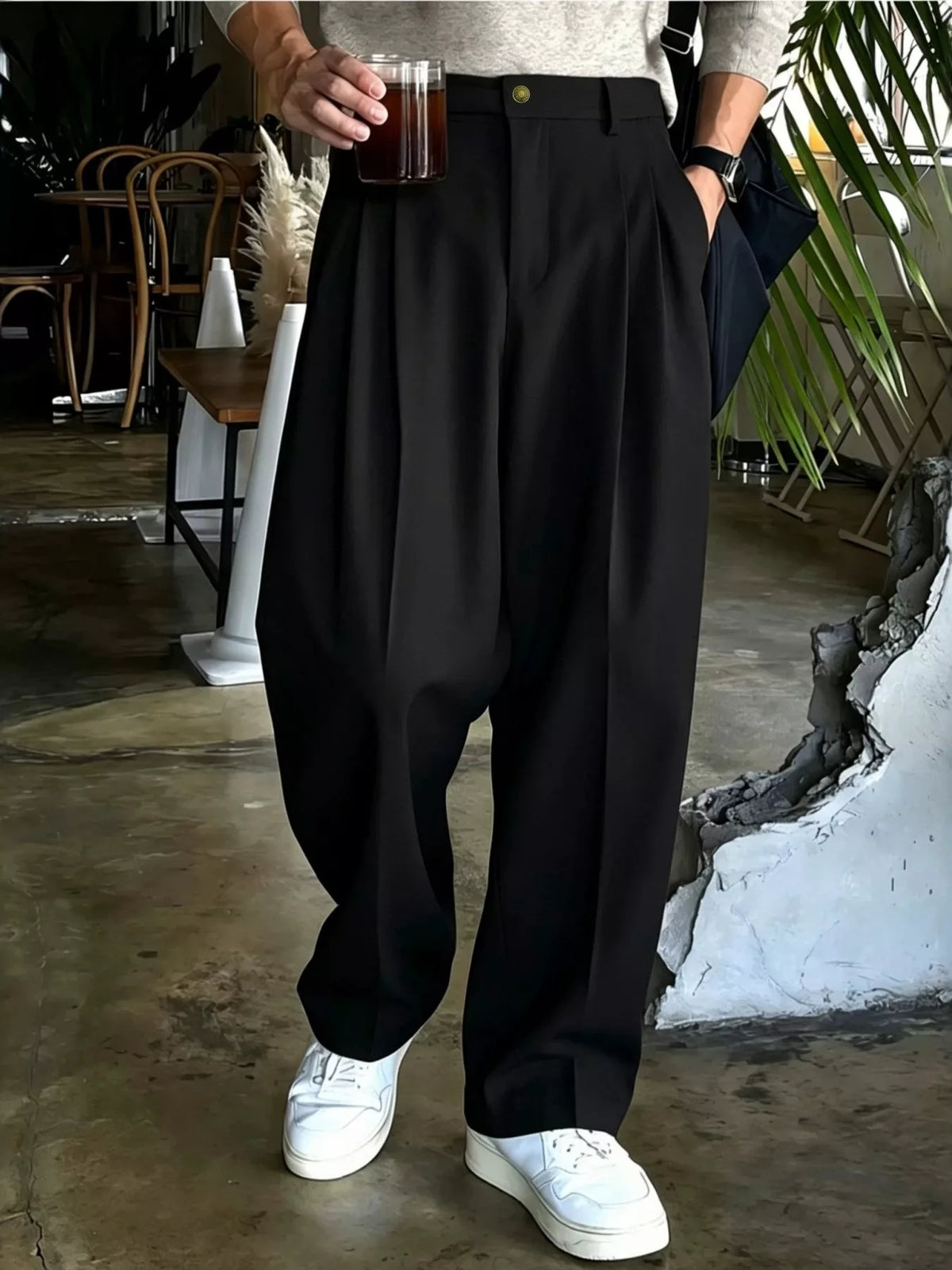 Men's High-Waisted Pleated Wide-Leg Dress Pants