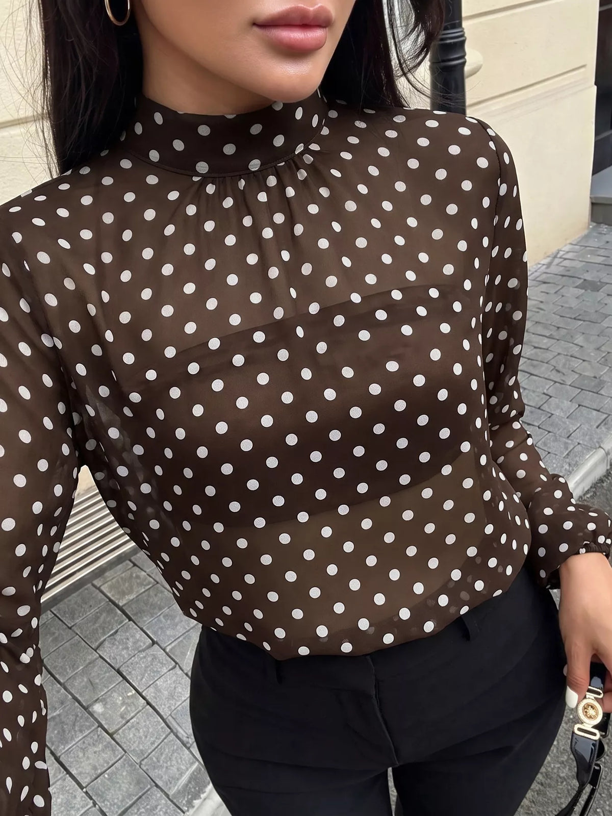 Polka Dot Mock Neck Long Sleeve Blouse - Lilixa.store