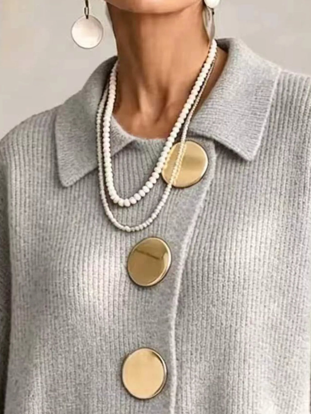 Full Size Gold Buttons Lantern Sleeve Cardigan Plus Size - Lilixa.store