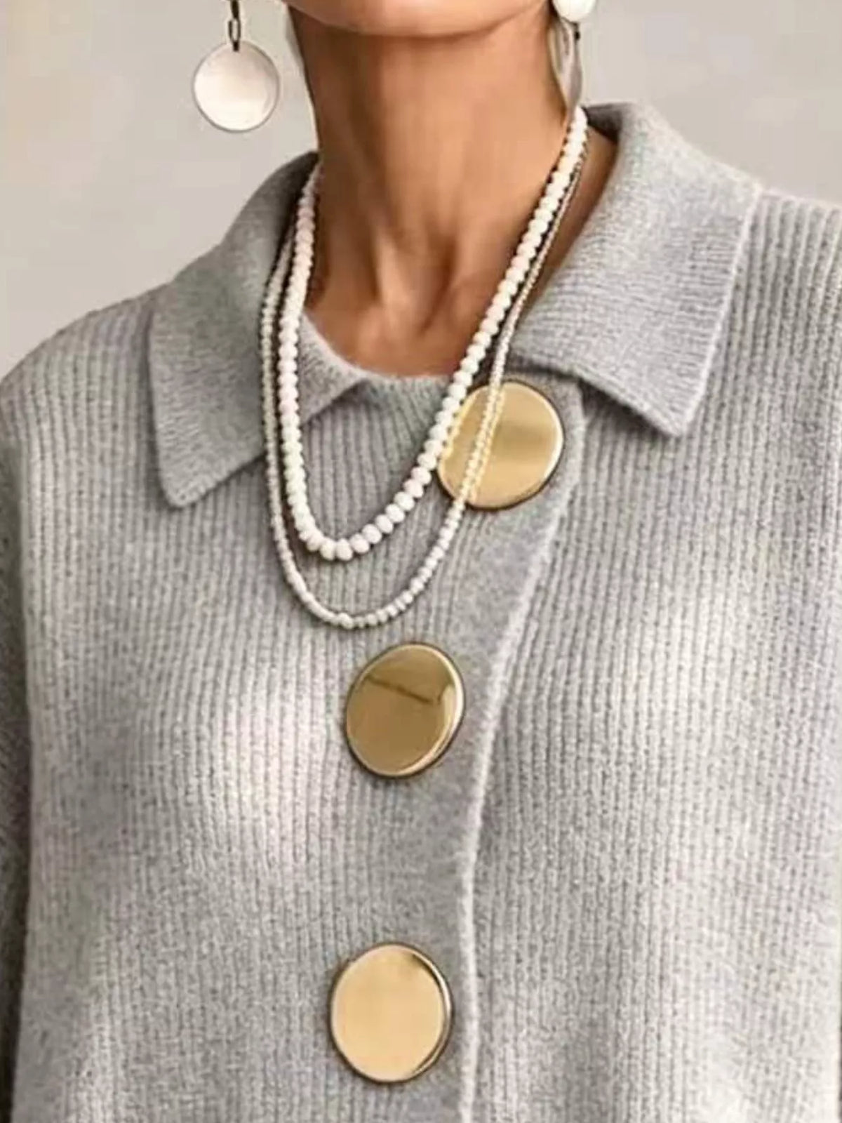 Full Size Gold Buttons Lantern Sleeve Cardigan Plus Size - Lilixa.store