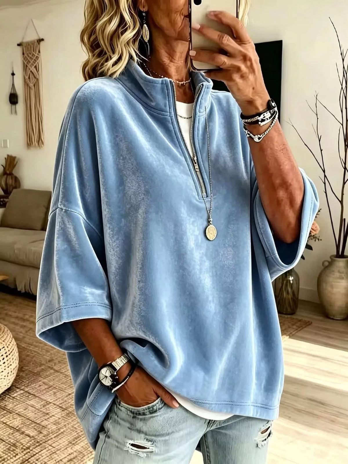 Full Size Velvet Quarter-Zip Sweatshirt Plus Size in Sky Blue