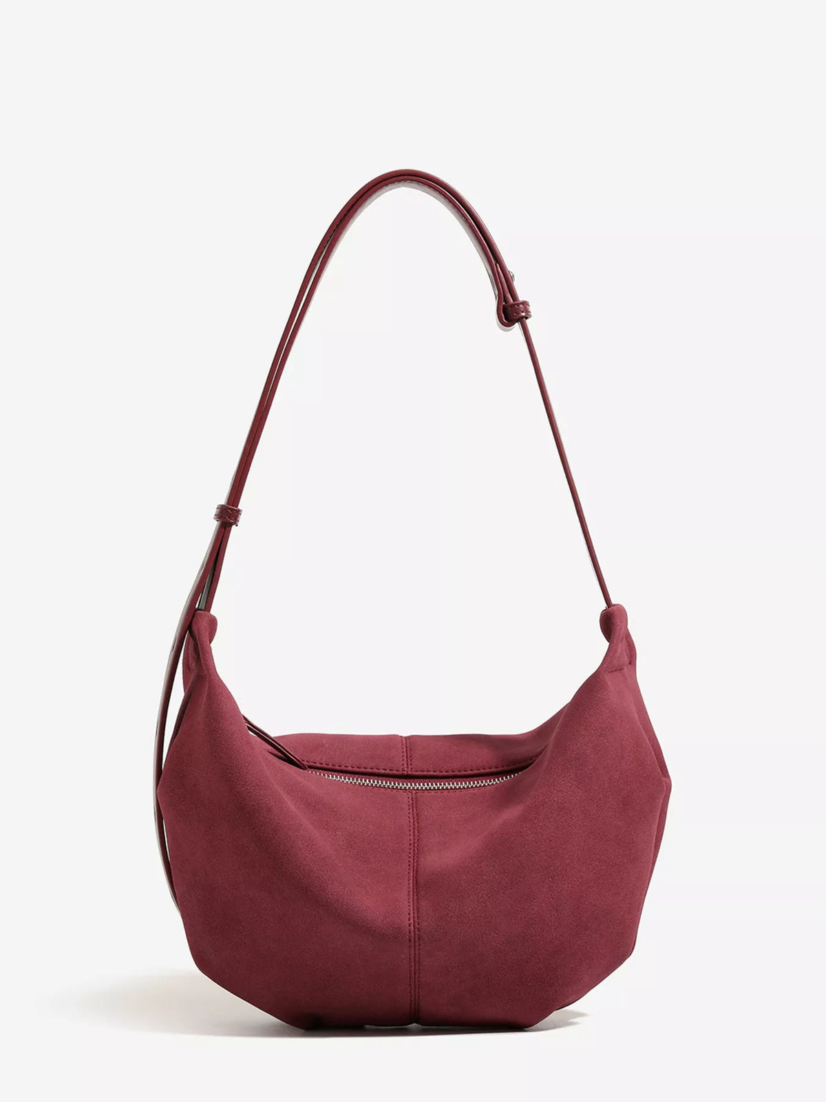 Vintage Suede Crescent Shoulder Bag with Adjustable Strap in Wine Red