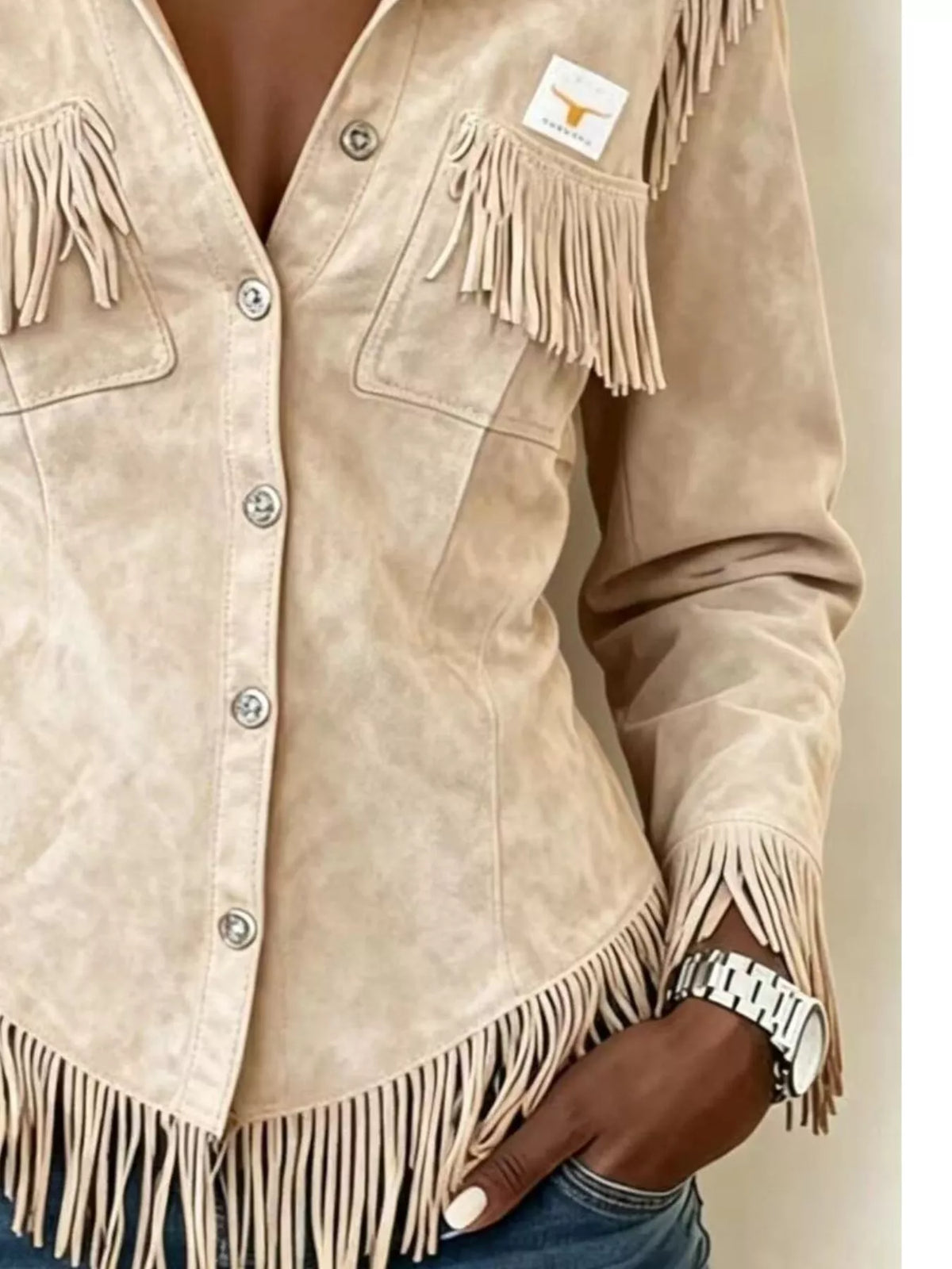 Full Size Fringed Snap Down Jacket Plus Size
