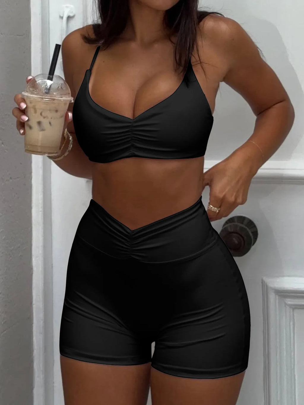 Ruched Sports Bra and High-Waisted Shorts Active Set - Lilixa.store