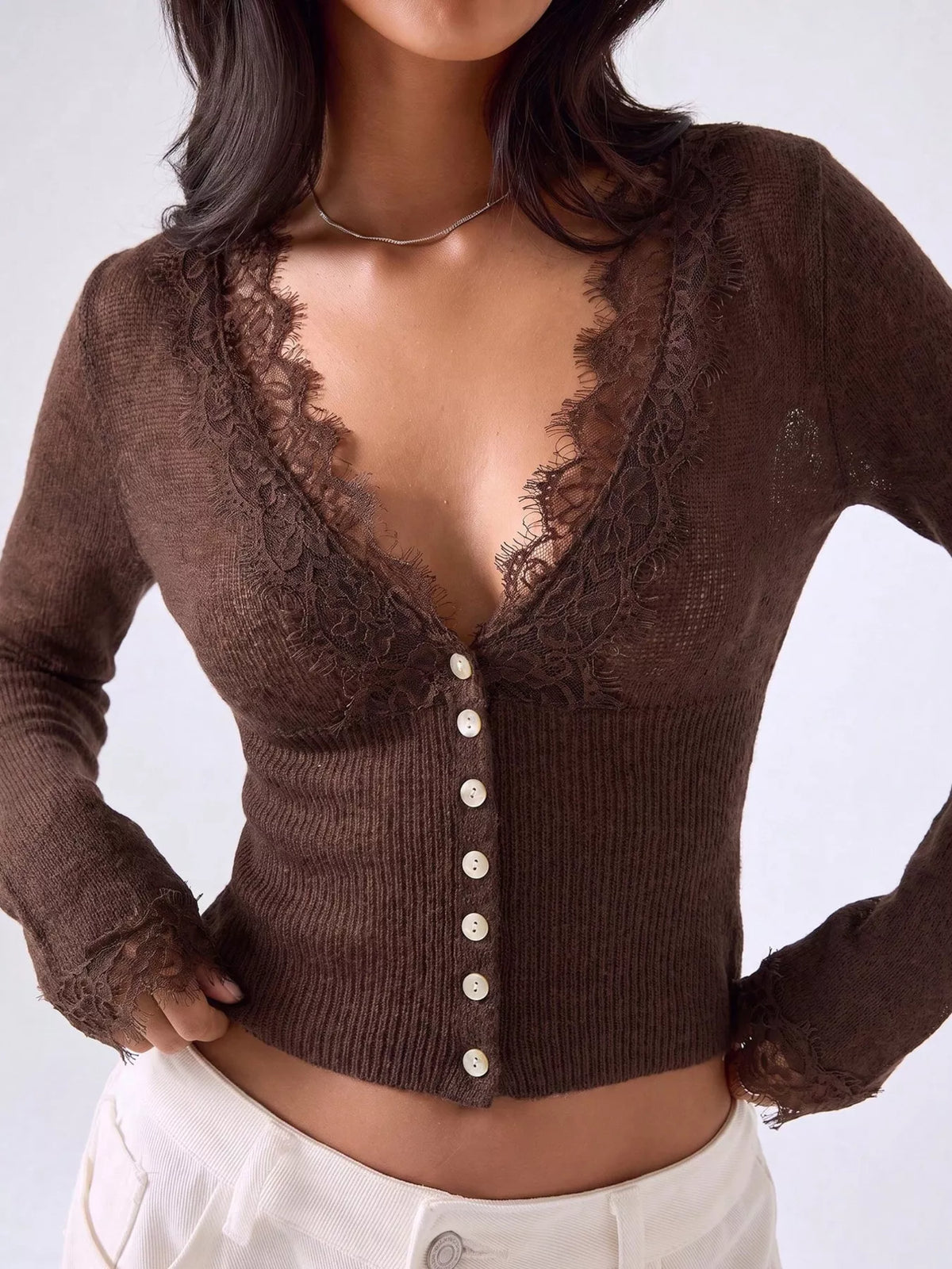 Lace-Trimmed V-Neck Button-Down Cardigan - Lilixa.store
