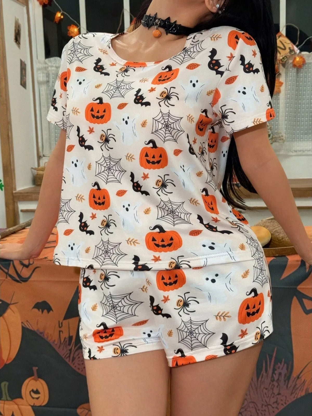 Halloween Print Short Sleeve Top and Shorts Lounge Set