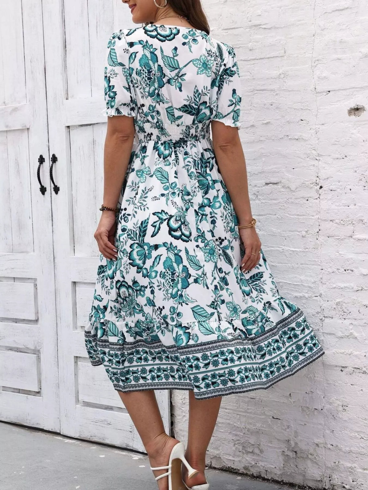 Floral Print Puff Sleeve Wrap Midi Dress