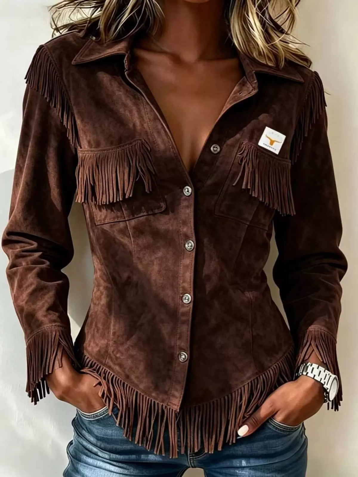 Full Size Fringed Snap Down Jacket Plus Size