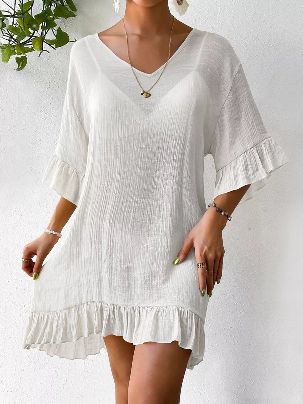 Ruffle Trim Butterfly Back V-Neck Cover-Up Dress - Lilixa.store