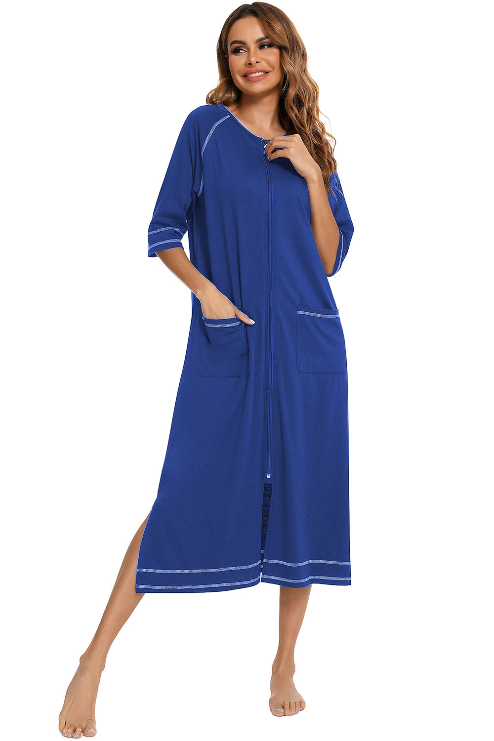 Zip Up Slit Round Neck Night Dress with Pockets - Lilixa.store