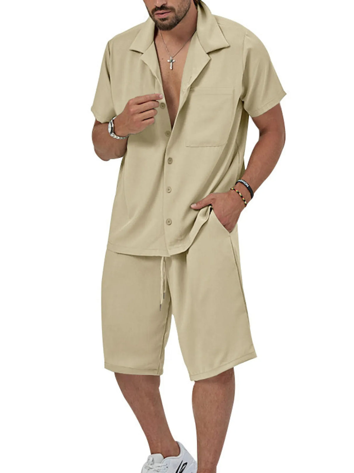 Men's Plus Size Button Up Short Sleeve Shirt and Shorts Set in Khaki