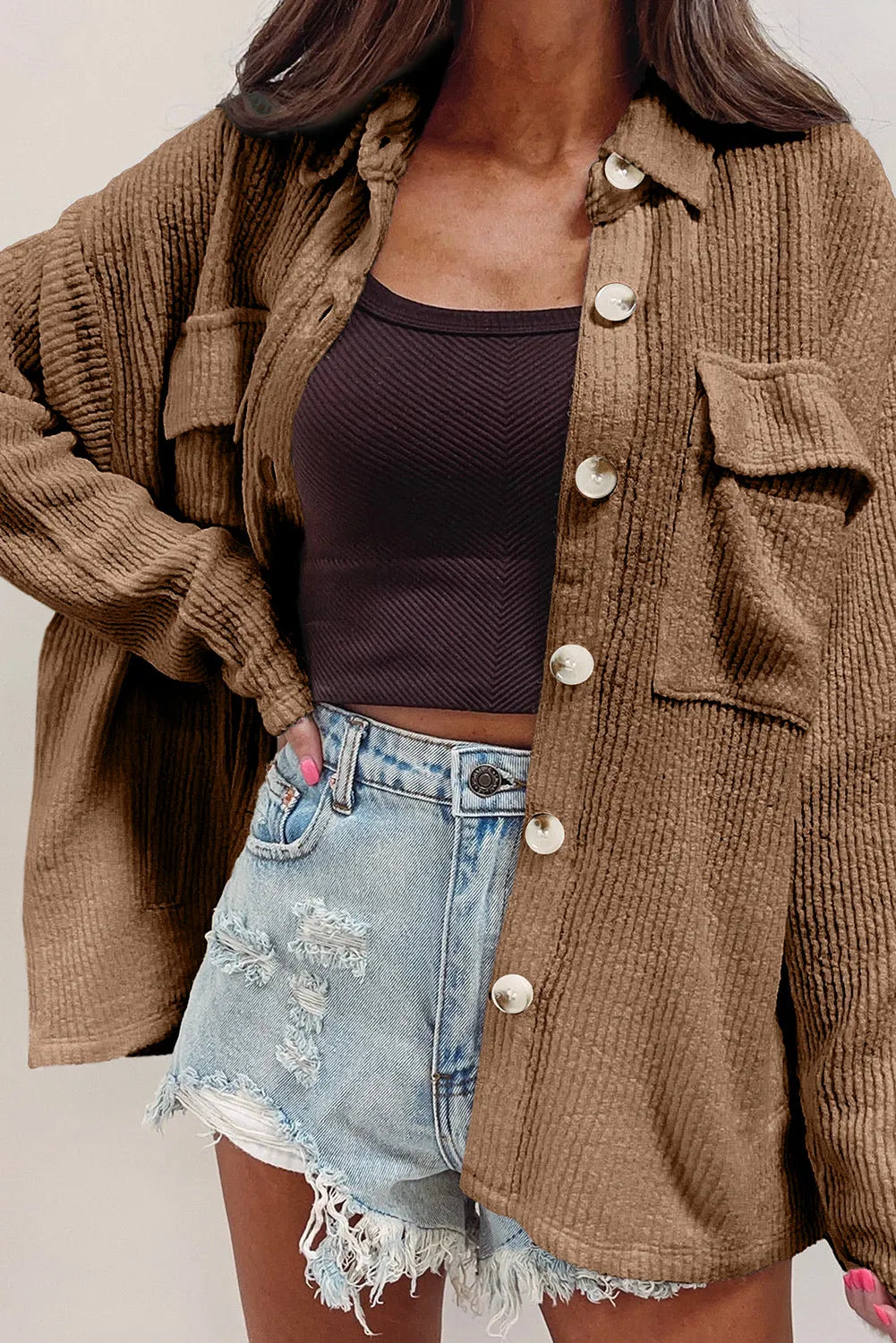 Button Up Long Sleeve Shacket in Camel, view 2
