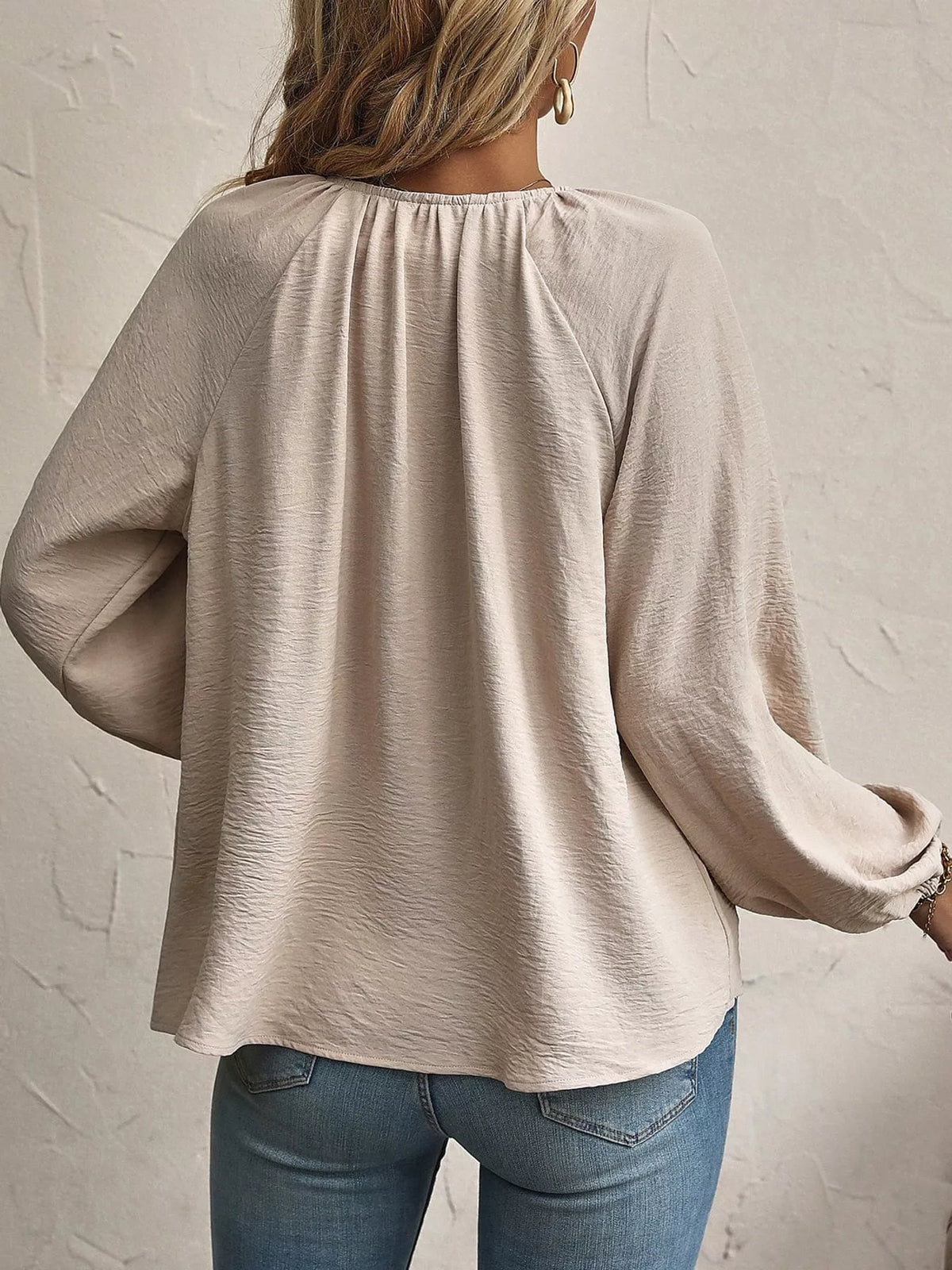 V-Neck Tie-Front Long Sleeve Blouse with Textured Fabric in Apricot, view 7