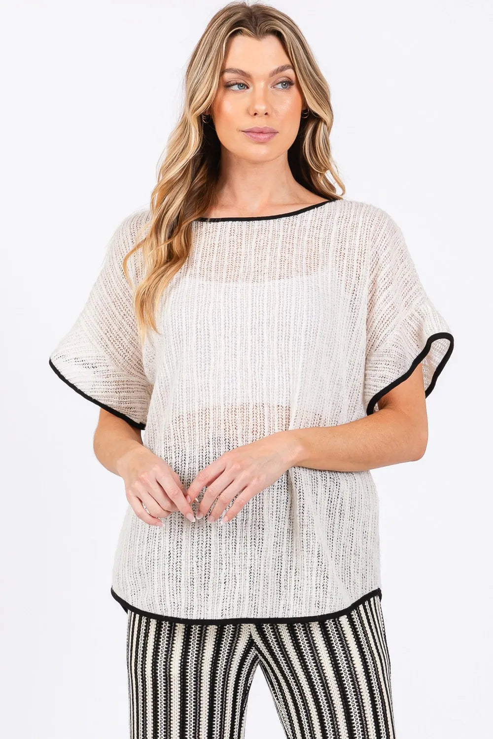 GeeGee Contrast Trim Short Sleeve Knit Cover Up - Lilixa.store