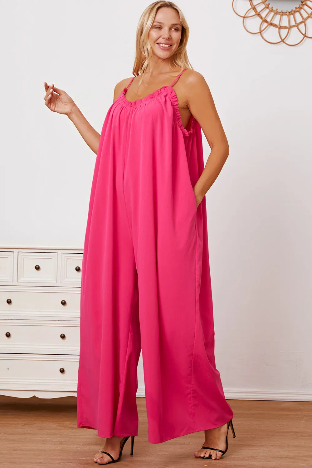 Double Take Full Size Ruffle Trim Tie Back Cami Jumpsuit with Pockets - Lilixa.store