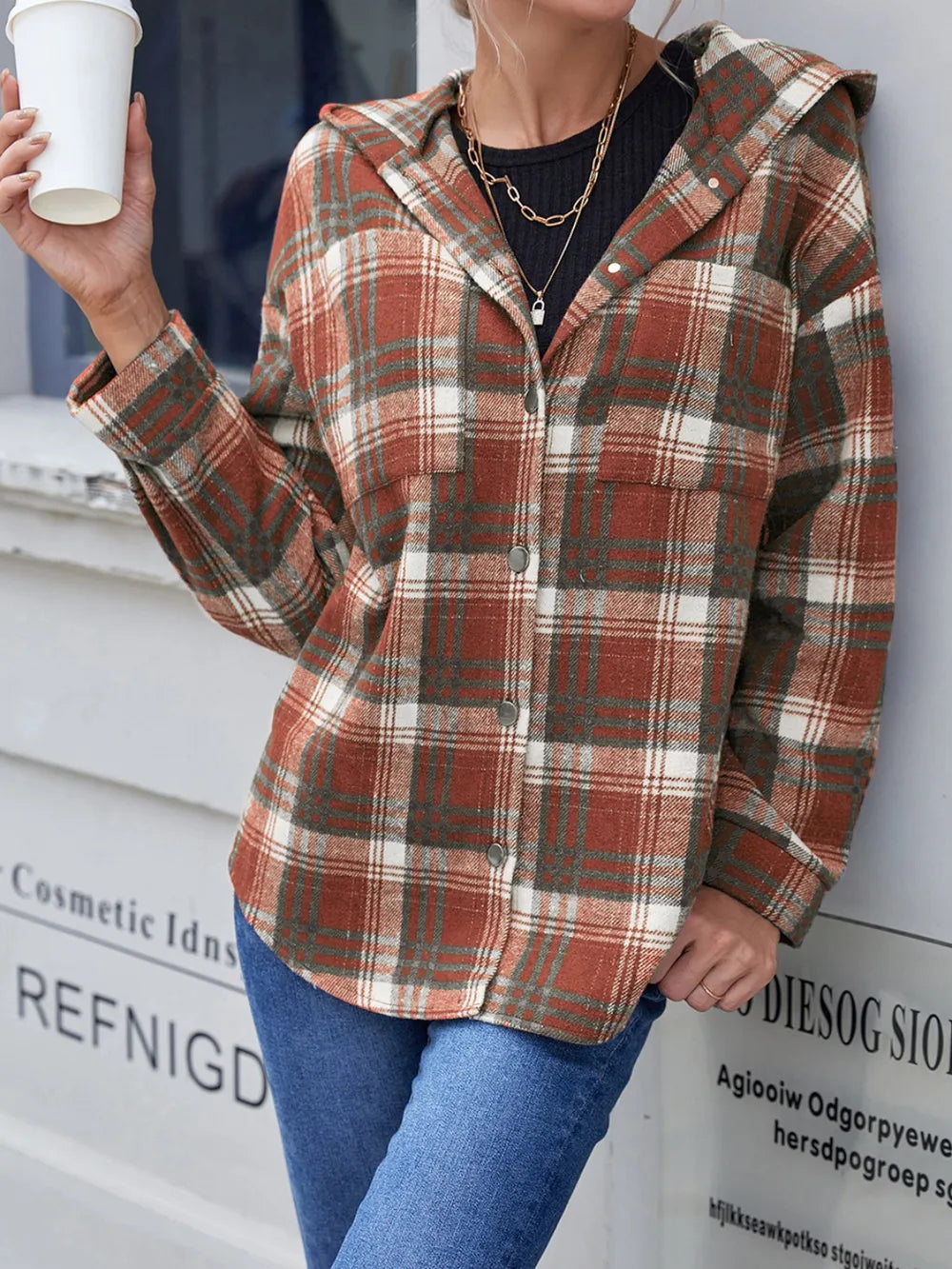 Ivy Lane Plaid Button Up Long Sleeve Hooded Jacket, view 5