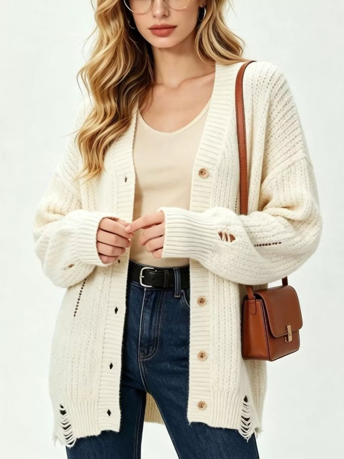 Full Size Distressed Oversized V-Neck Button-Down Cardigan Plus Size