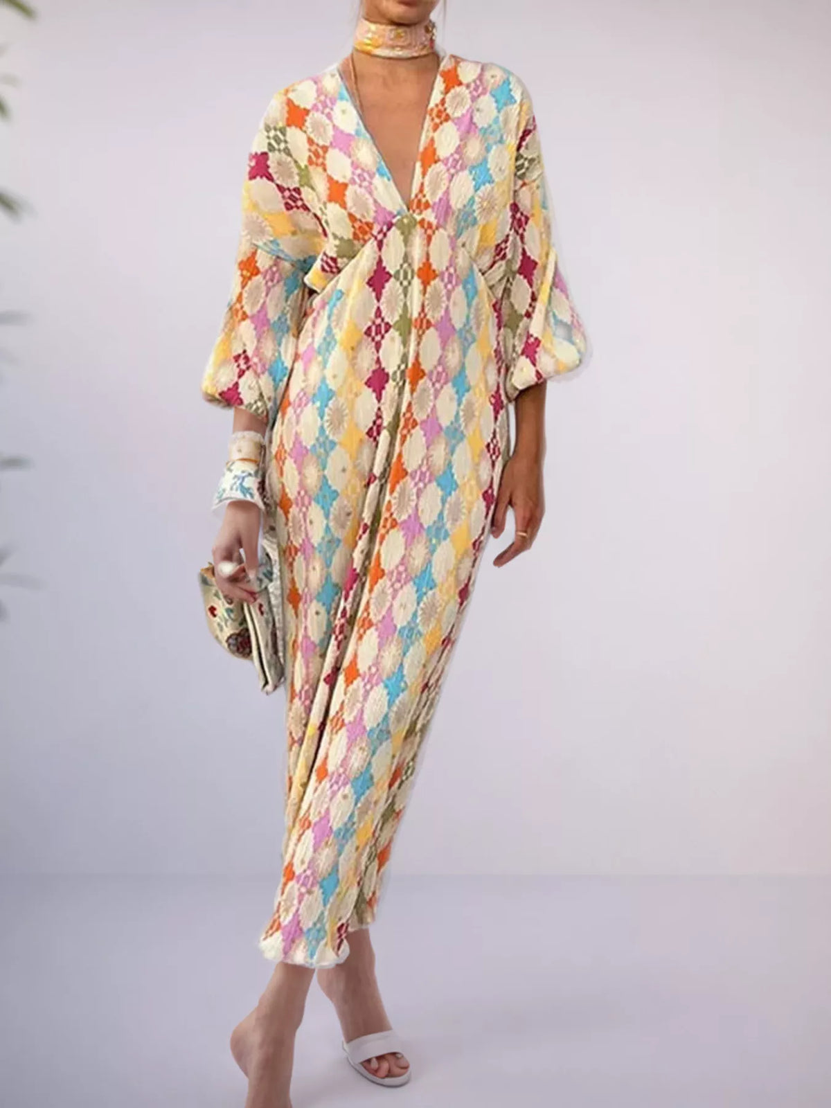 Full Size V-Neck Multi-Color Geometric Print Maxi Dress Plus Size - Lilixa.store