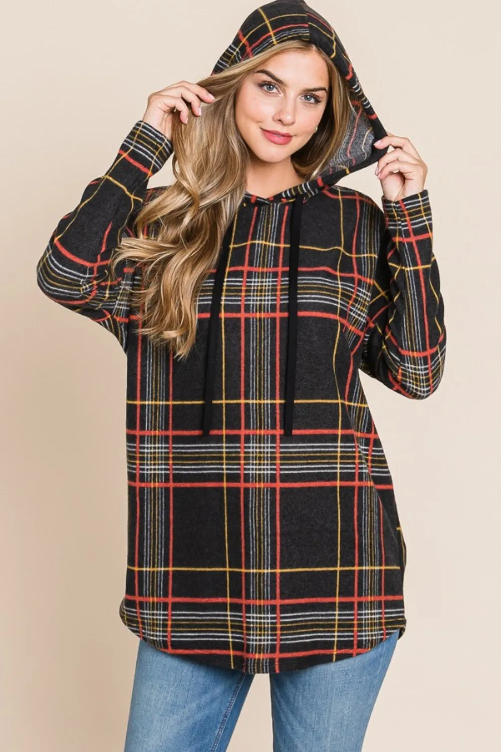 BOMBOM Drawstring Plaid Long Sleeve Hoodie - Lilixa.store