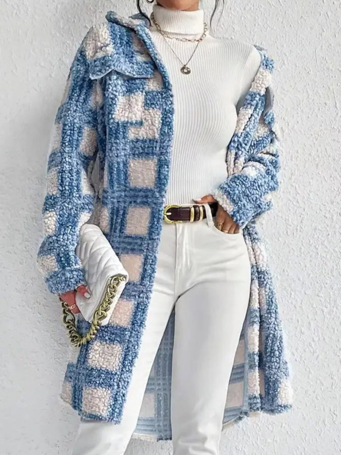 Plaid Button Up Long Sleeve Fleece Coat in Sky Blue