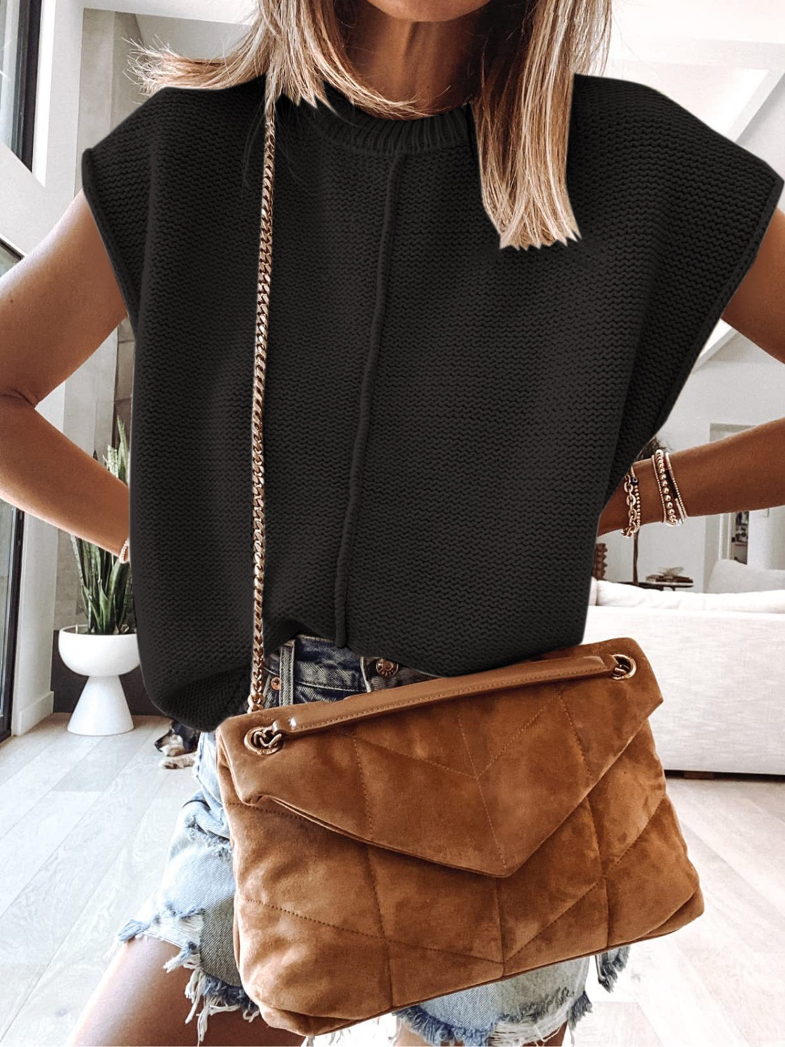 Cap Sleeve Sweater Vest in Black