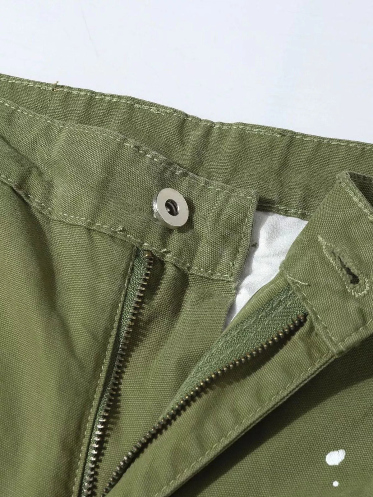 Men's Distressed Cargo Pants with Paint Splatter in Moss, view 7