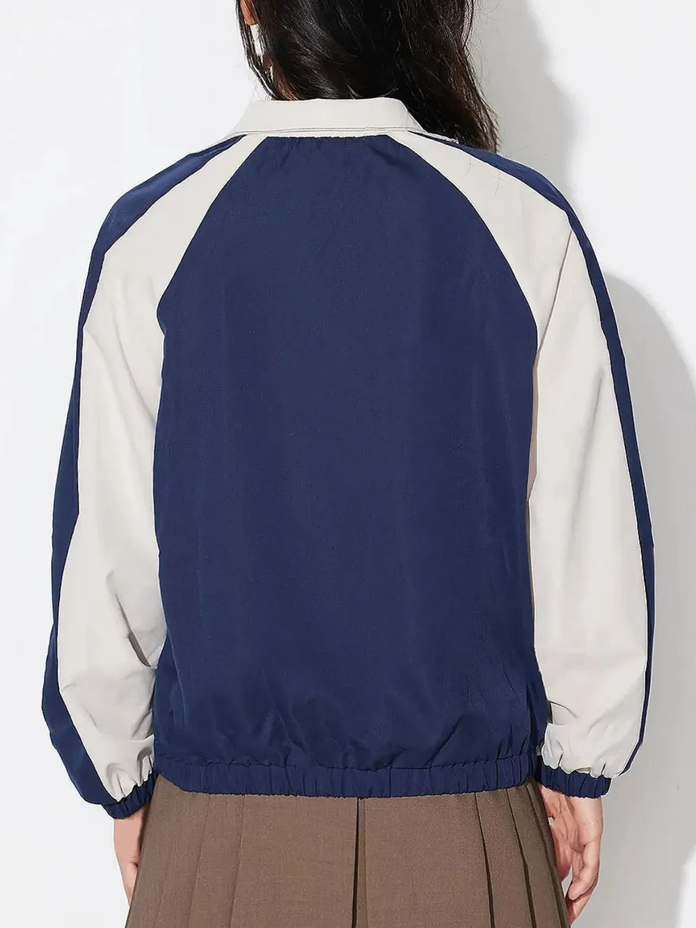 Contrast Zip Up Collared Neck Long Sleeve Jacket in Dark Blue, view 2
