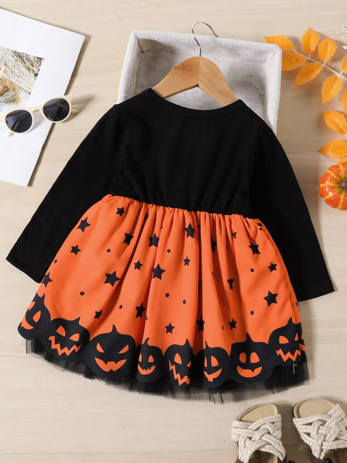 Children's Halloween Pumpkin Print Bowknot Long Sleeve Dress - Lilixa.store
