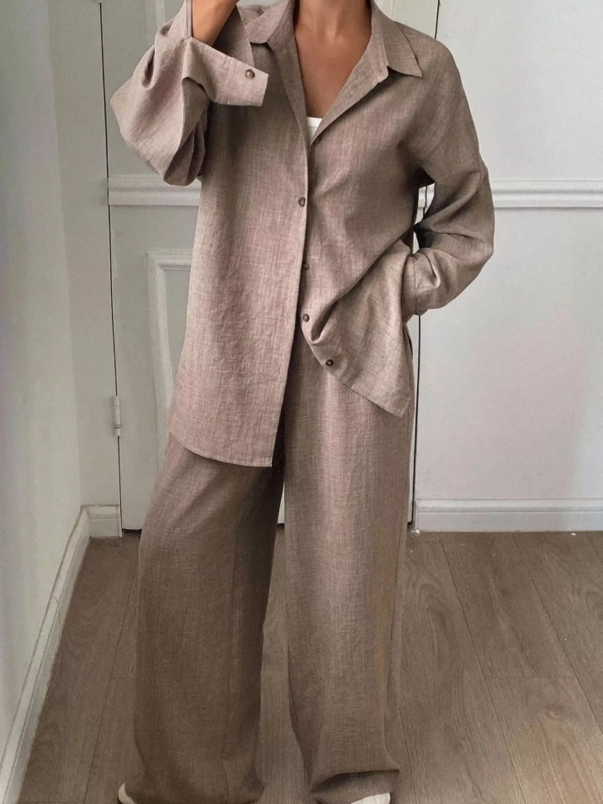 Button-Down Shirt and Wide-Leg Pants Set in Khaki