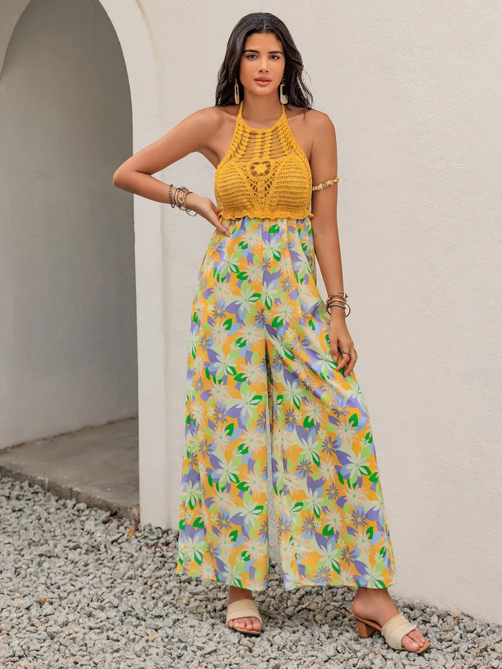 Openwork Halter Neck Floral Wide Leg Jumpsuit - Lilixa.store