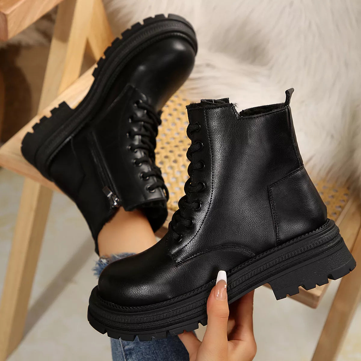 Lace Up Round Toe Platform Boots - Lilixa.store