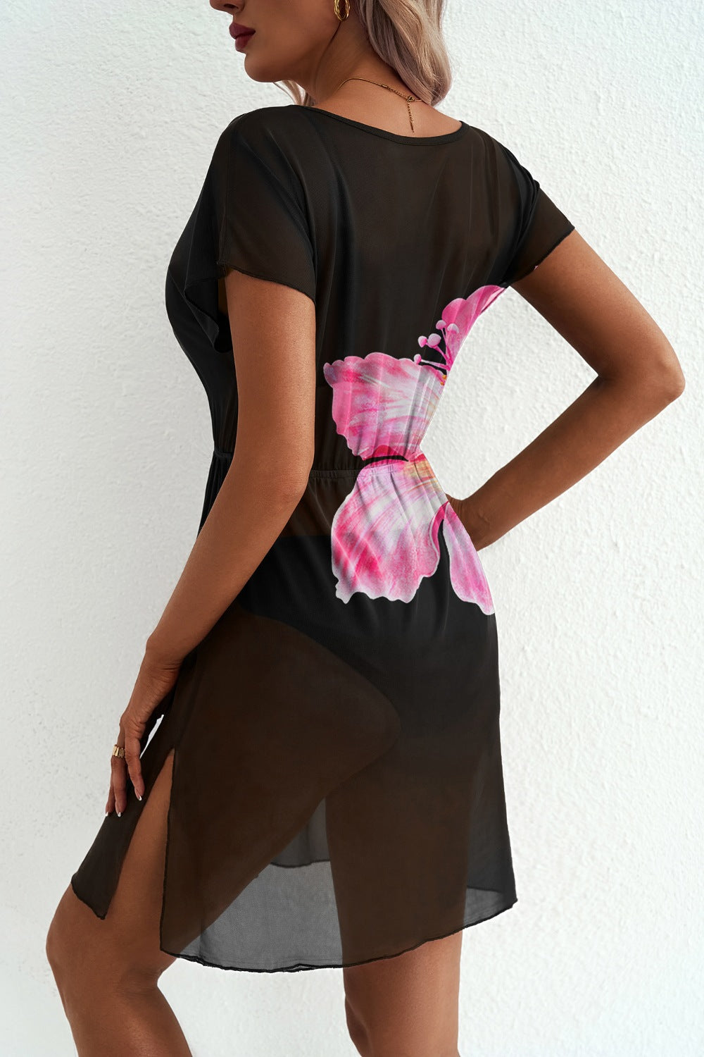e Floral Print V Neck Semi Sheer Beach Cover Up Dress - Lilixa.store