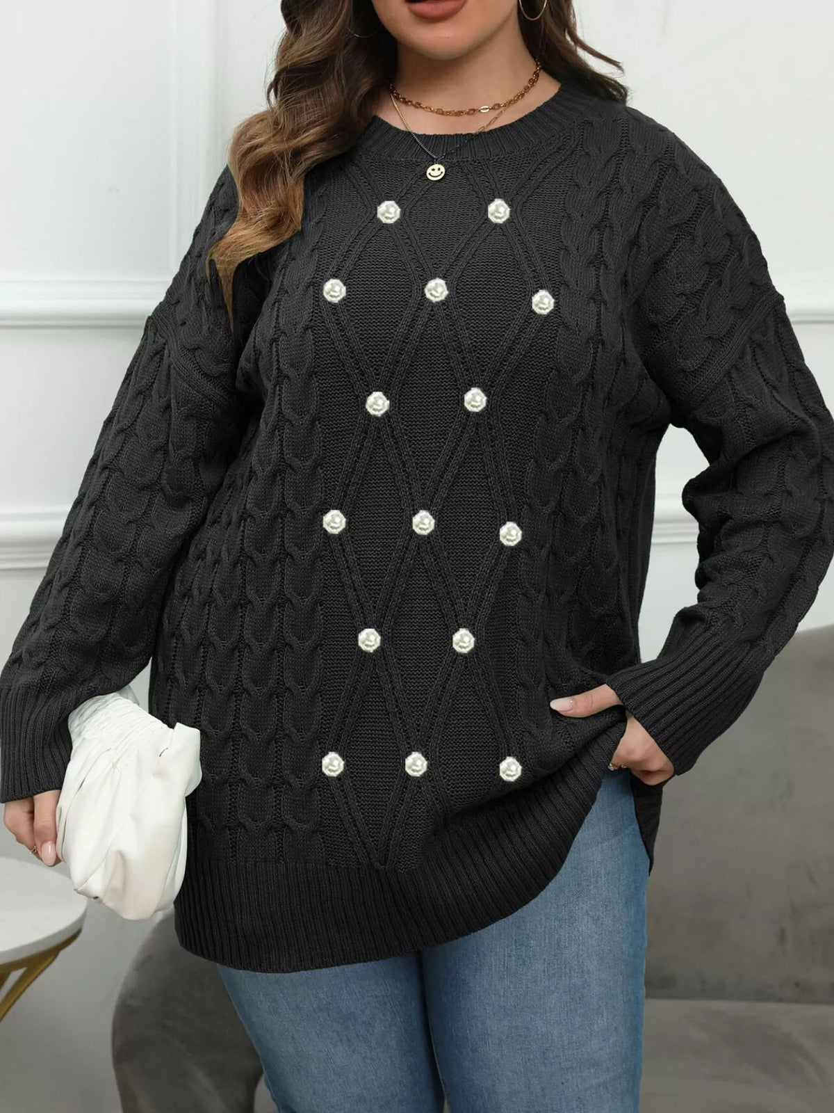 Plus Size Cable Knit Dropped Shoulder Sweater - Lilixa.store