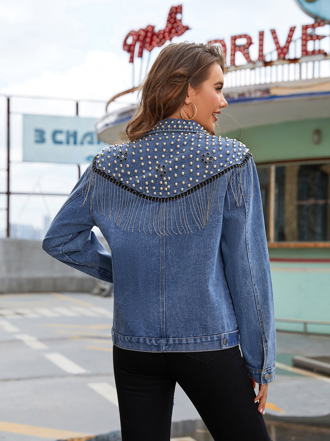 Studded Fringe Button Down Denim Jacket in Deep Teal, view 2