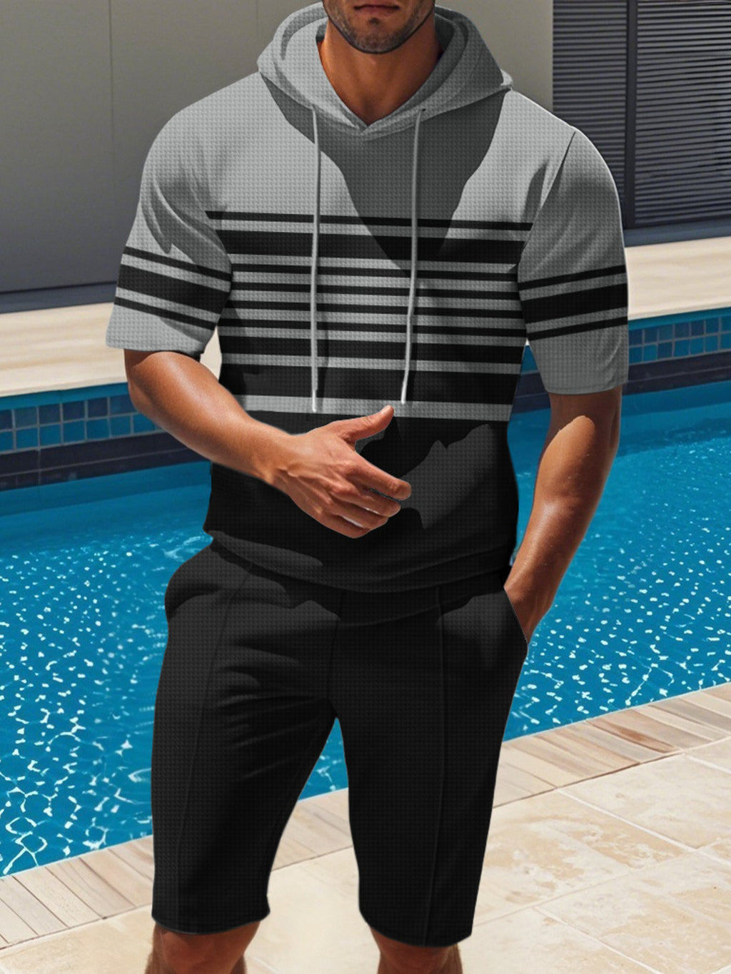 Men's Full Size Striped Short Sleeve Hoodie and Shorts Set Plus Size - Lilixa.store
