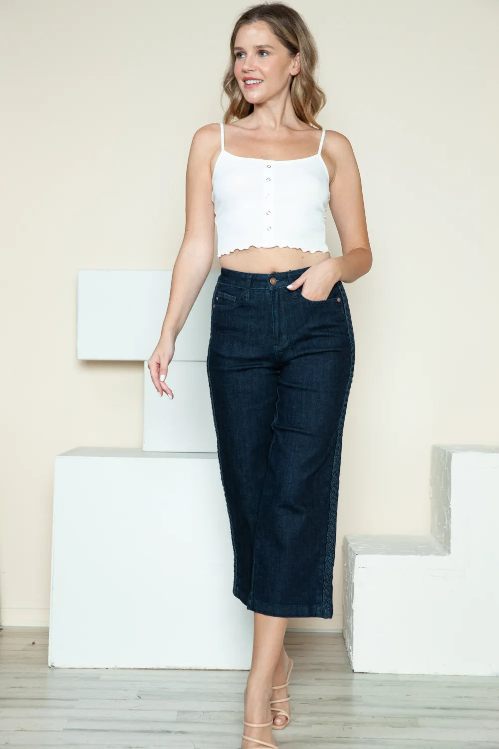 Judy Blue Full Size Side Seam Braid Detail Crop Wide Leg Jeans - Lilixa.store