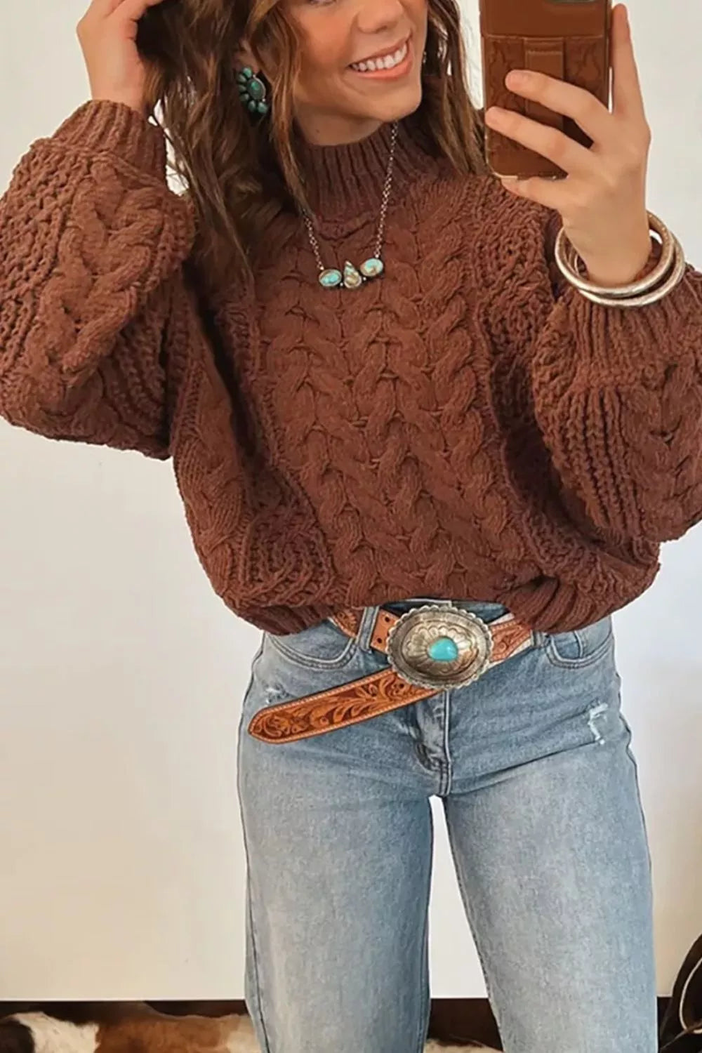 Mock Neck Cable Knit Sweater - Lilixa.store