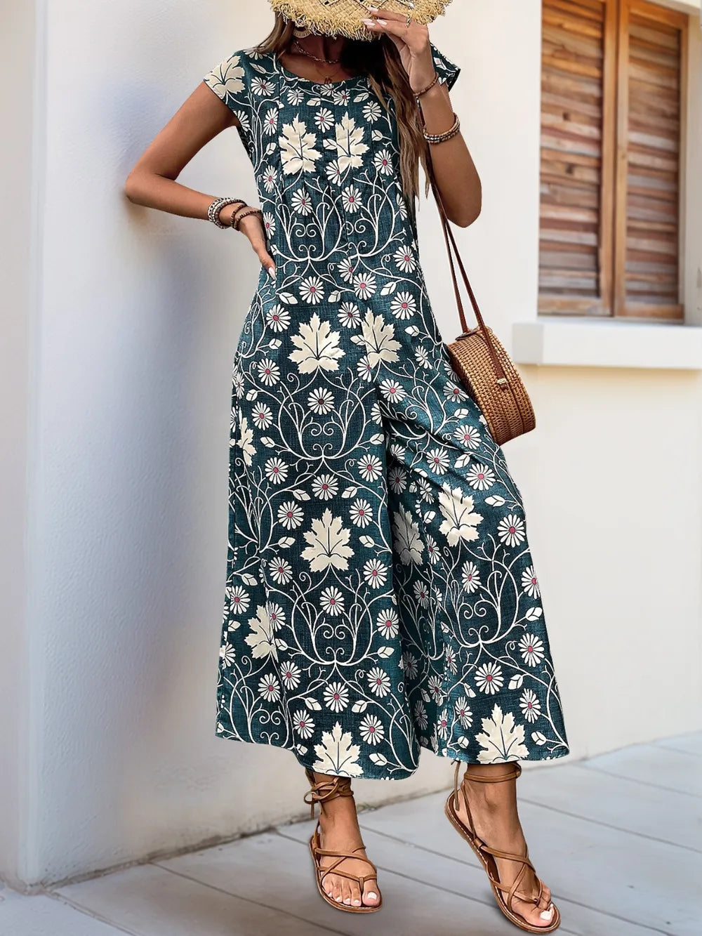 Perfee Printed Round Neck Cap Sleeve Wide Leg Jumpsuit - Lilixa.store
