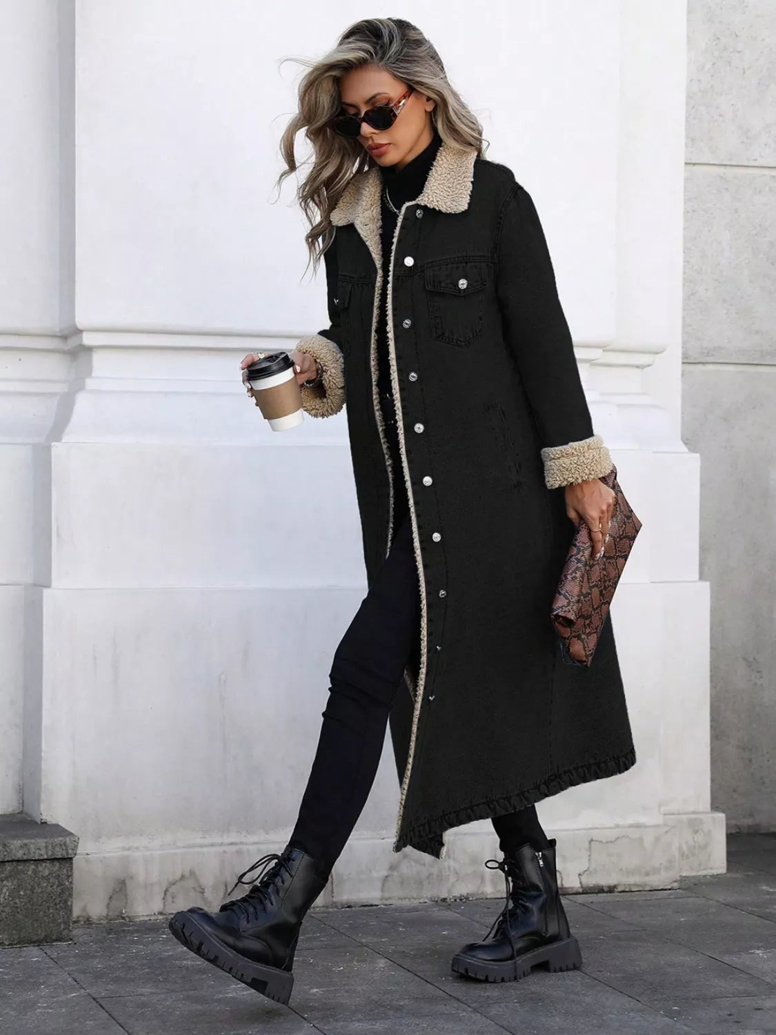Sherpa Lined Longline Denim Jacket, view 9