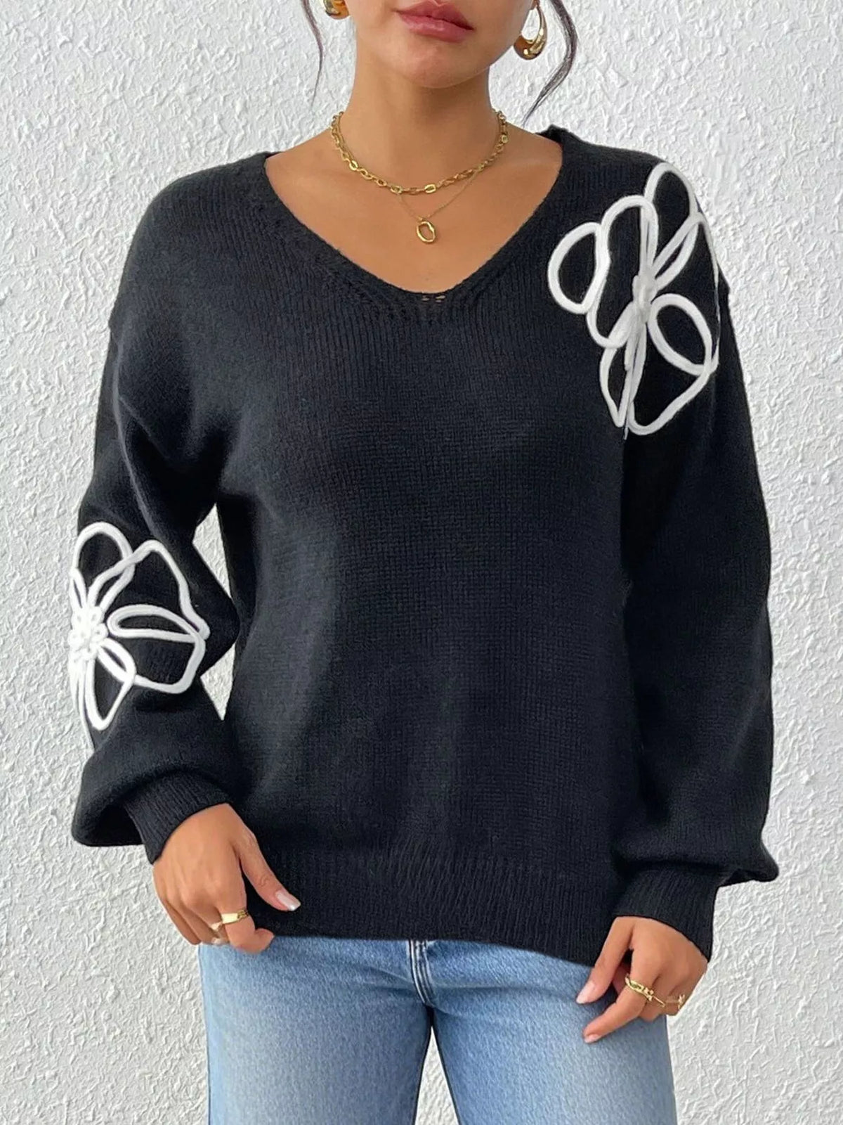 Flower V-Neck Dropped Shoulder Sweater