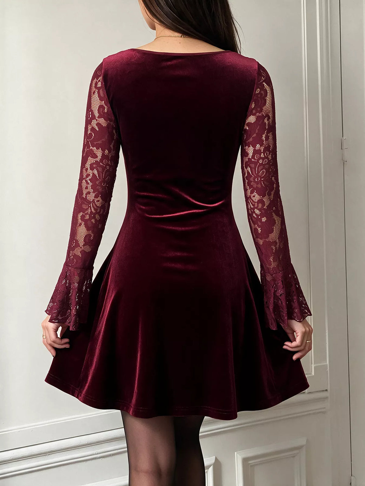 Lace Flare Sleeve Mini Dress in Burgundy, view 5
