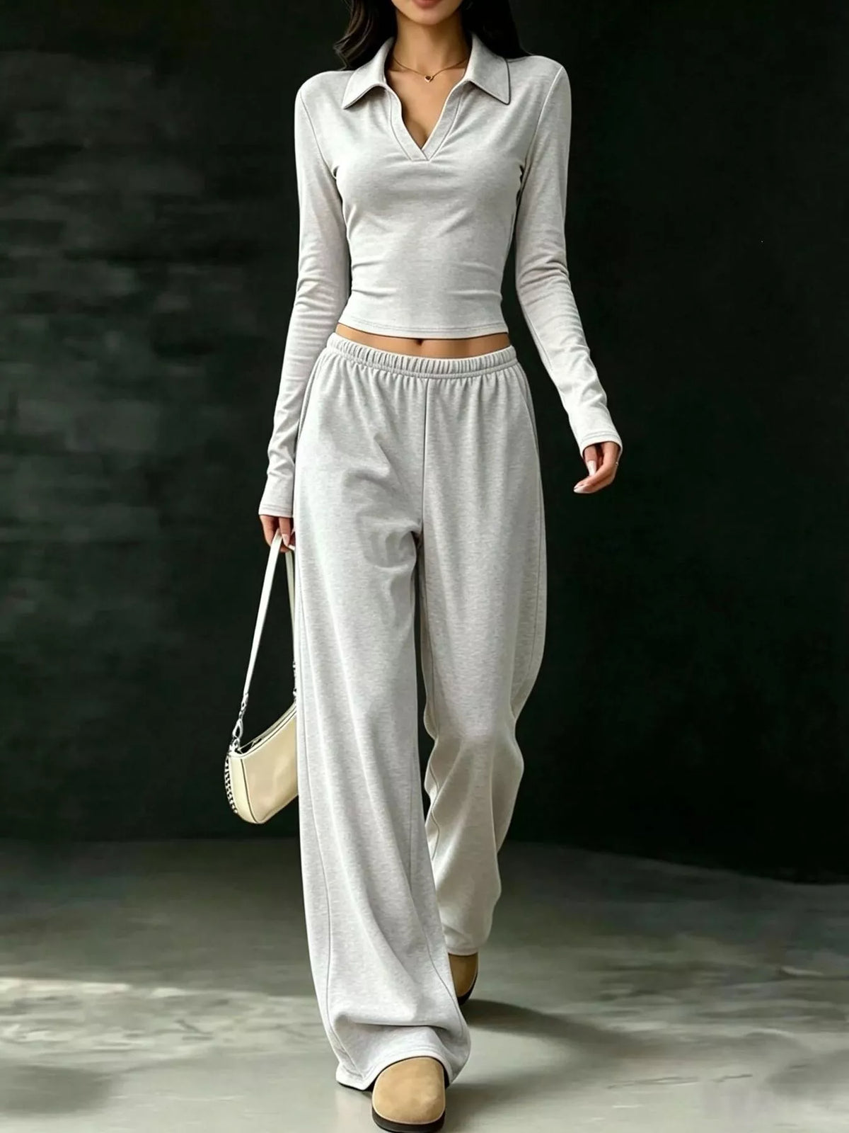 Solid Color Long Sleeve Polo Collar Top and Wide Leg Pants Set in Light Gray