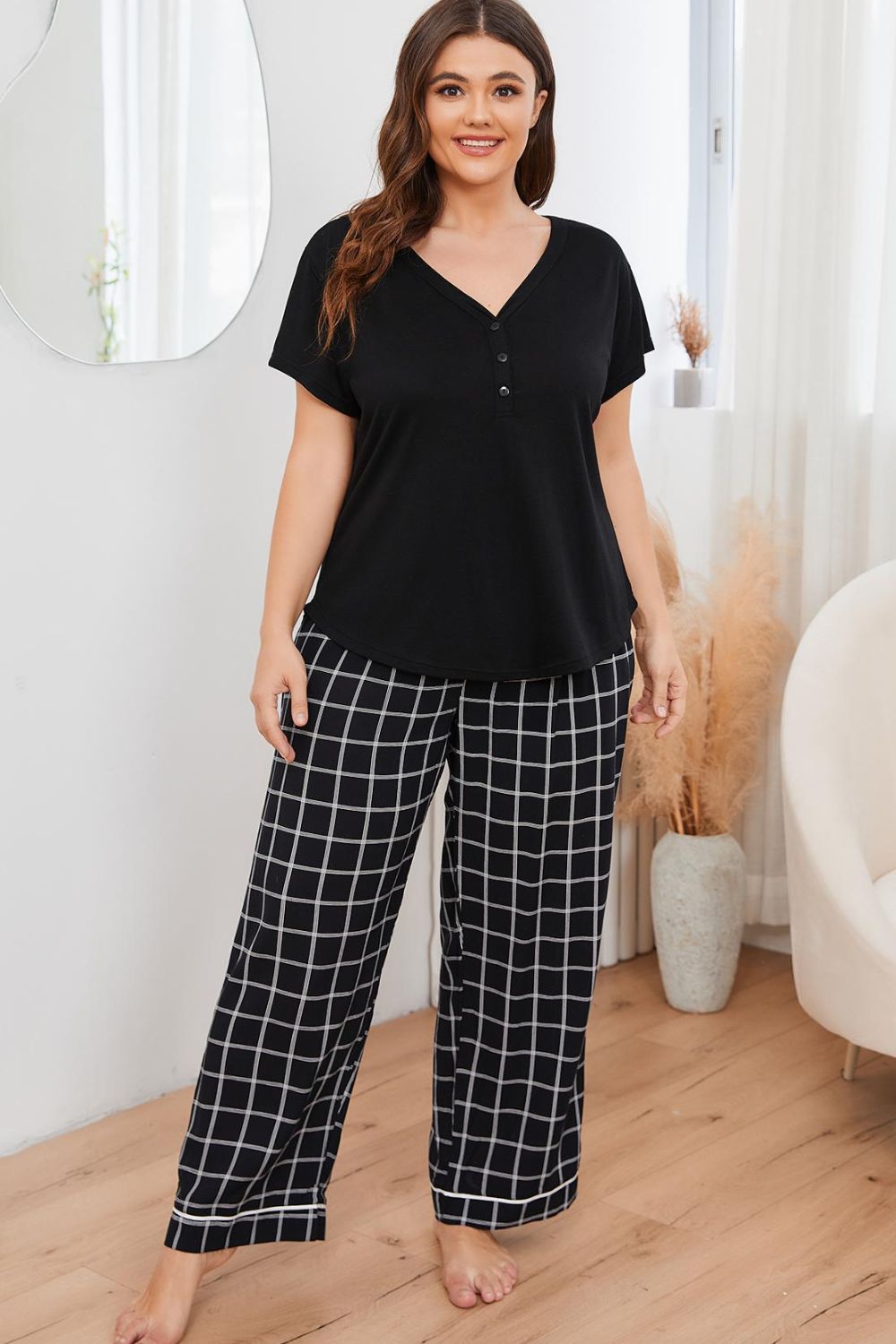 Plus Size V-Neck Top and Plaid Pants Lounge Set - Lilixa.store
