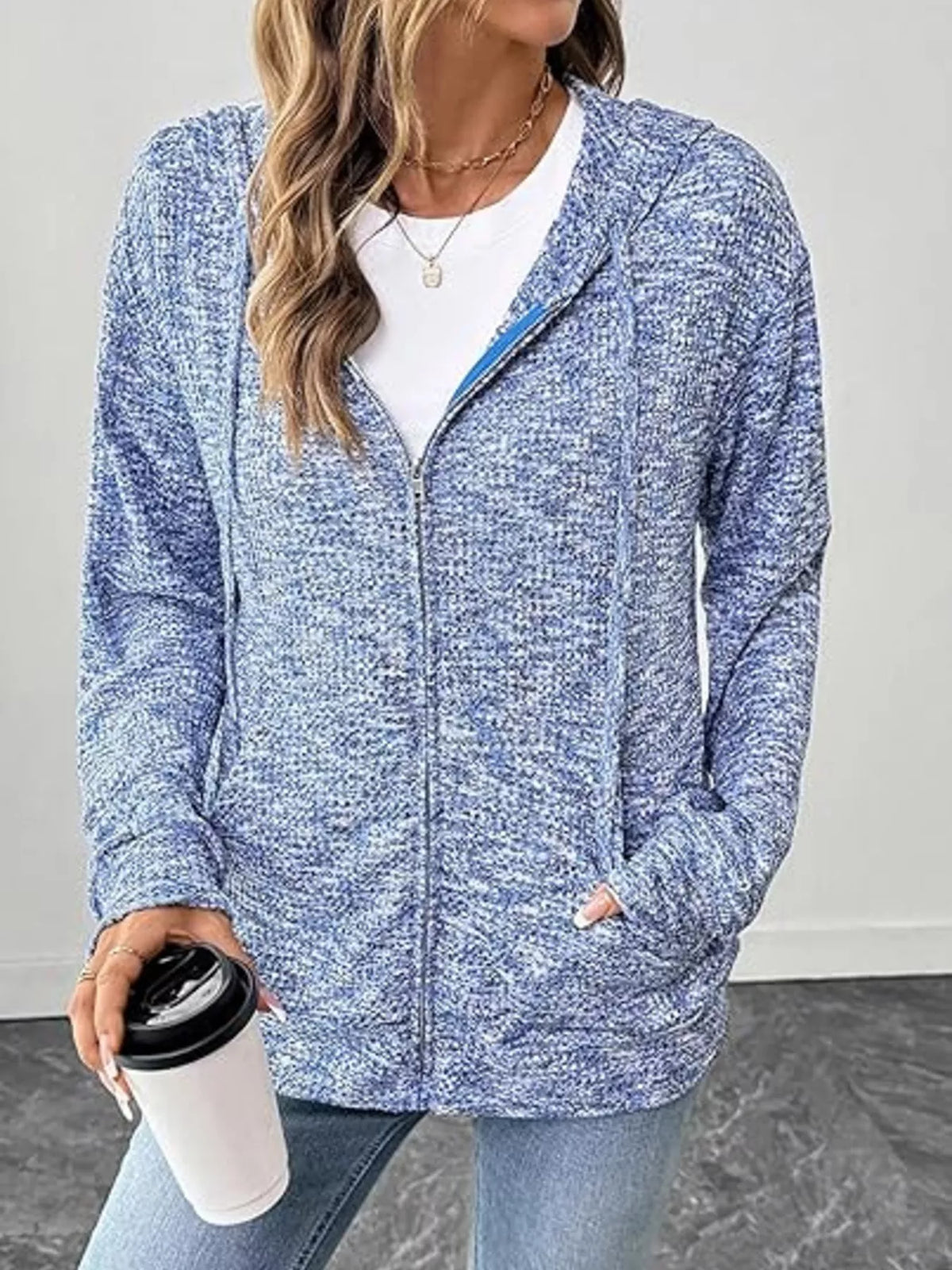 Zip-Up Drawstring Hooded Cardigan in Light Blue, view 2