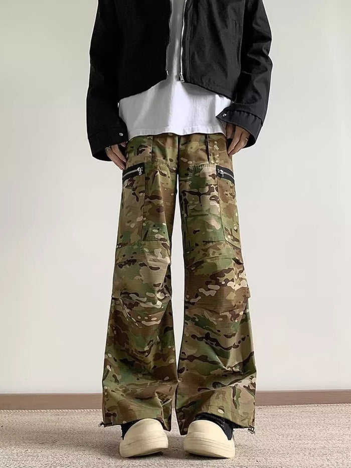 Men's Full Size Camo Wide Leg Cargo Pants with Zipper Pockets Plus Size in Camouflage