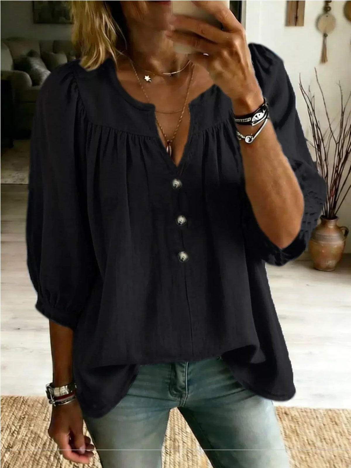 Full Size Notched 3/4 Sleeve Blouse Plus Size - Lilixa.store
